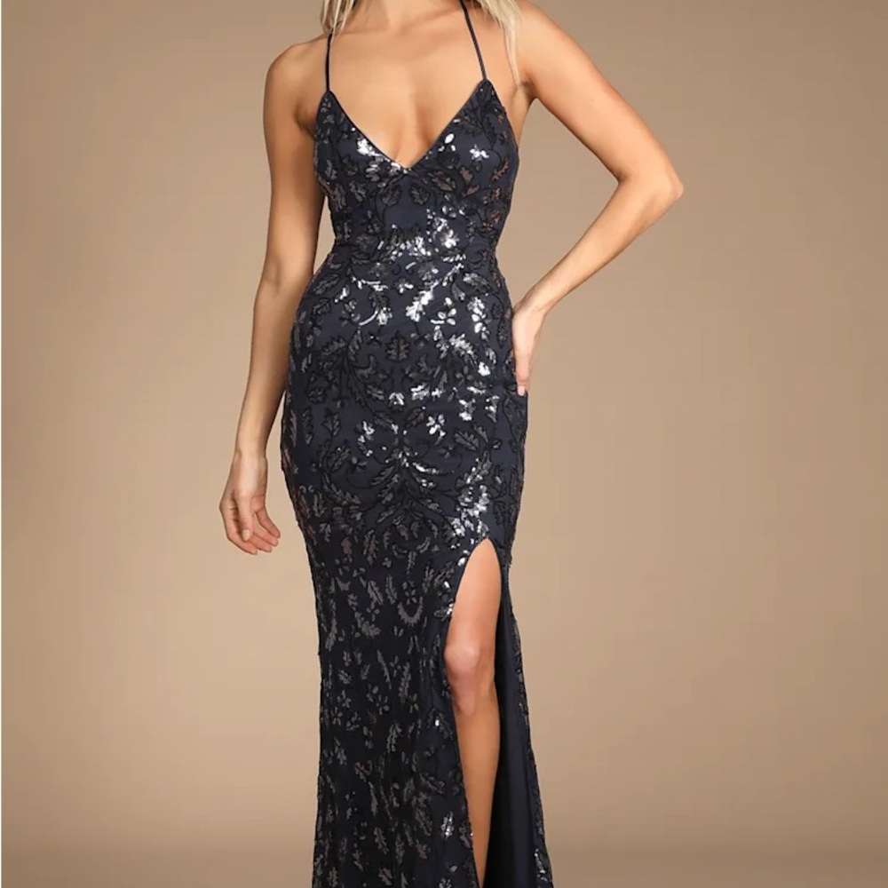 Elegant Navy Blue with Rose Gold Sequins Evening Gown